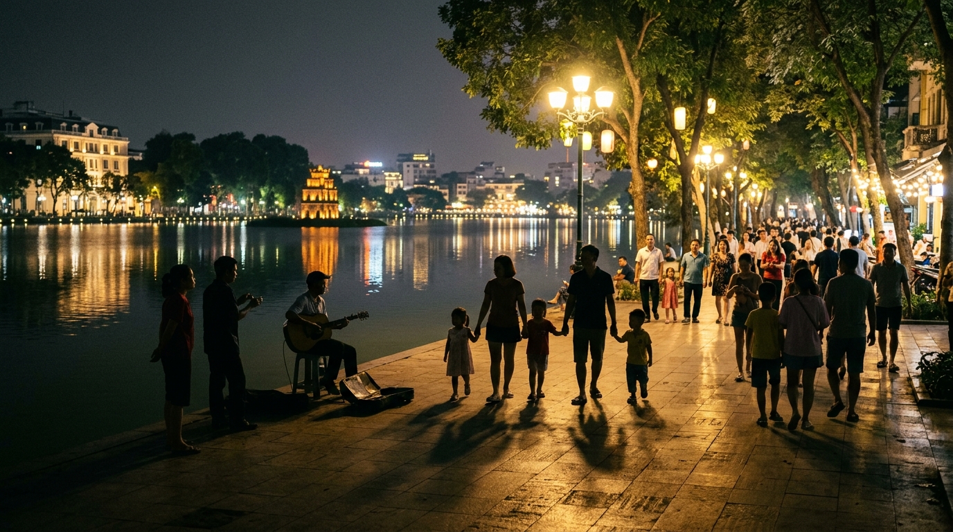 Hoan Kiem lake on a weekend: Hanoi’s walking streets after dark