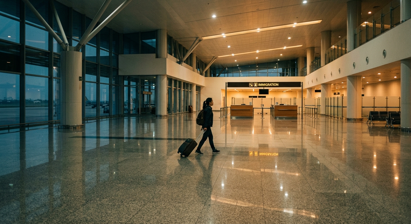 A quiet arrivals hall at Noi Bai airport in the early morning