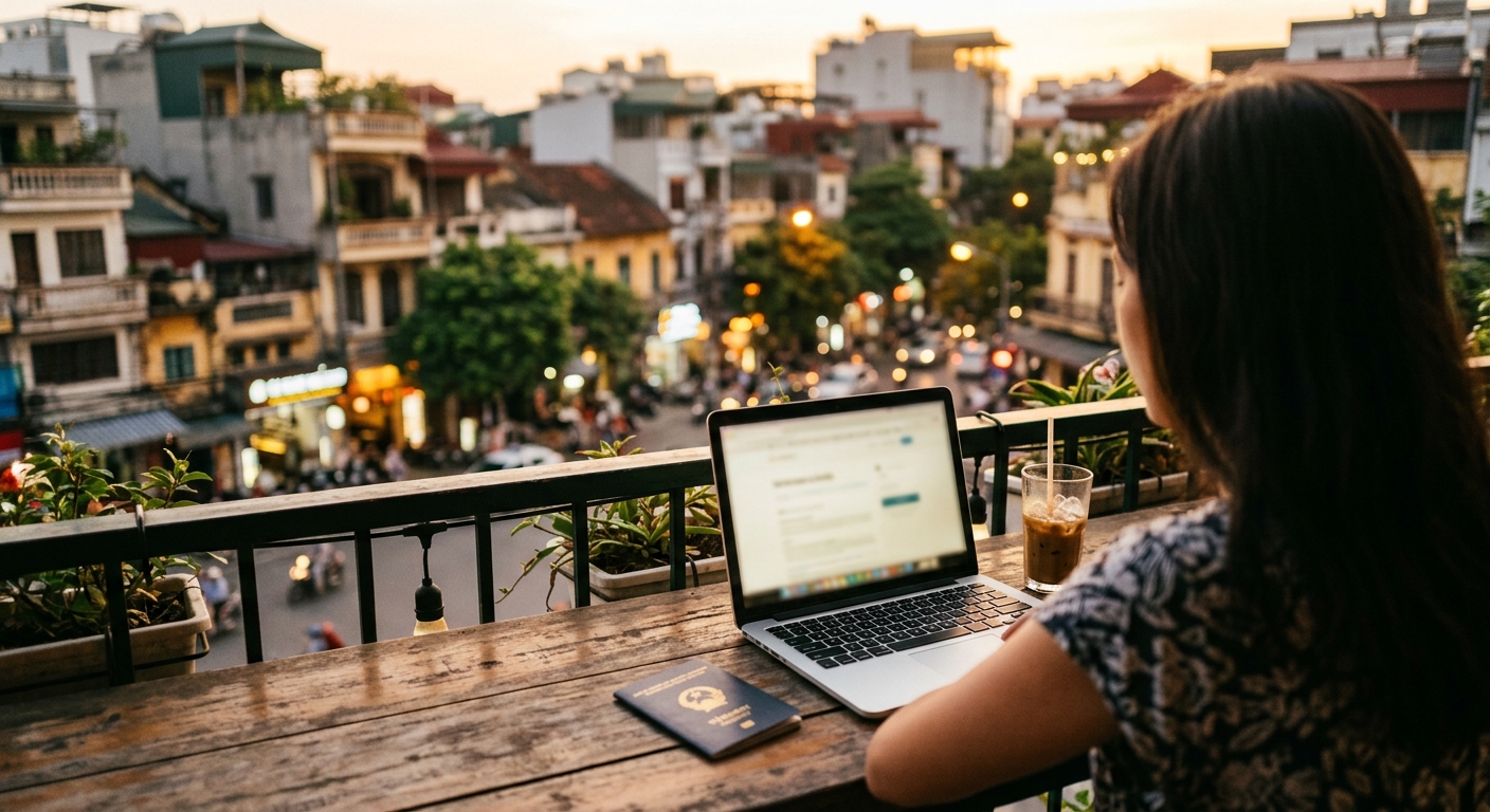 Traveler checking Vietnam e-visa status on a laptop at golden hour in Hanoi
